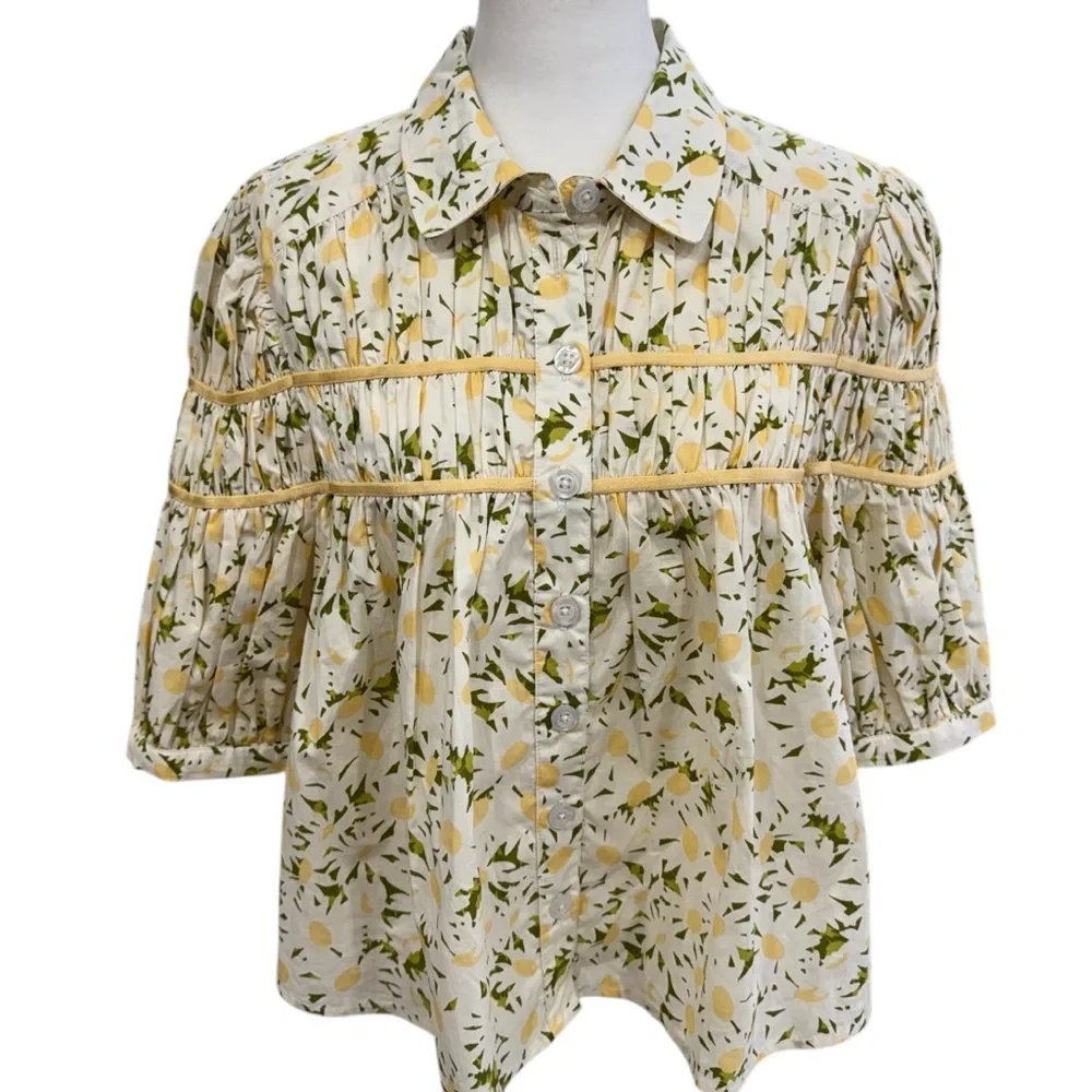 Maeve Anthropologie Shirred Leandra Daisy Floral Women's Top - White and Yellow - Picture 2 of 9